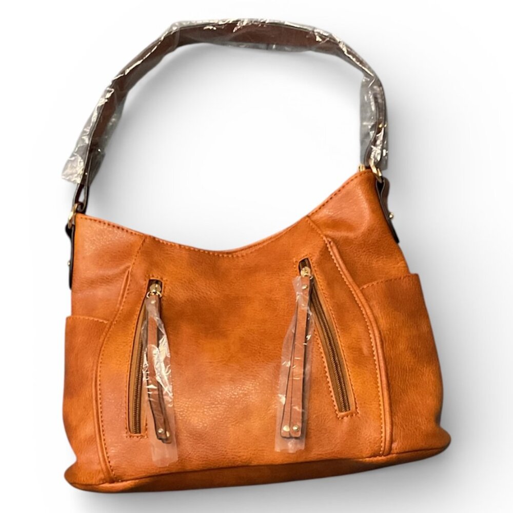 Tan Leather Shoulder Bag with Dual Zip Pockets | Everyday Hobo Style